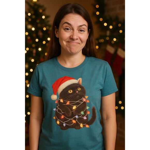 Black Cat Christmas Lights T-Shirt – Cute Holiday Kitty Santa Hat Tee – Funny Fe - Picture 2 of 7